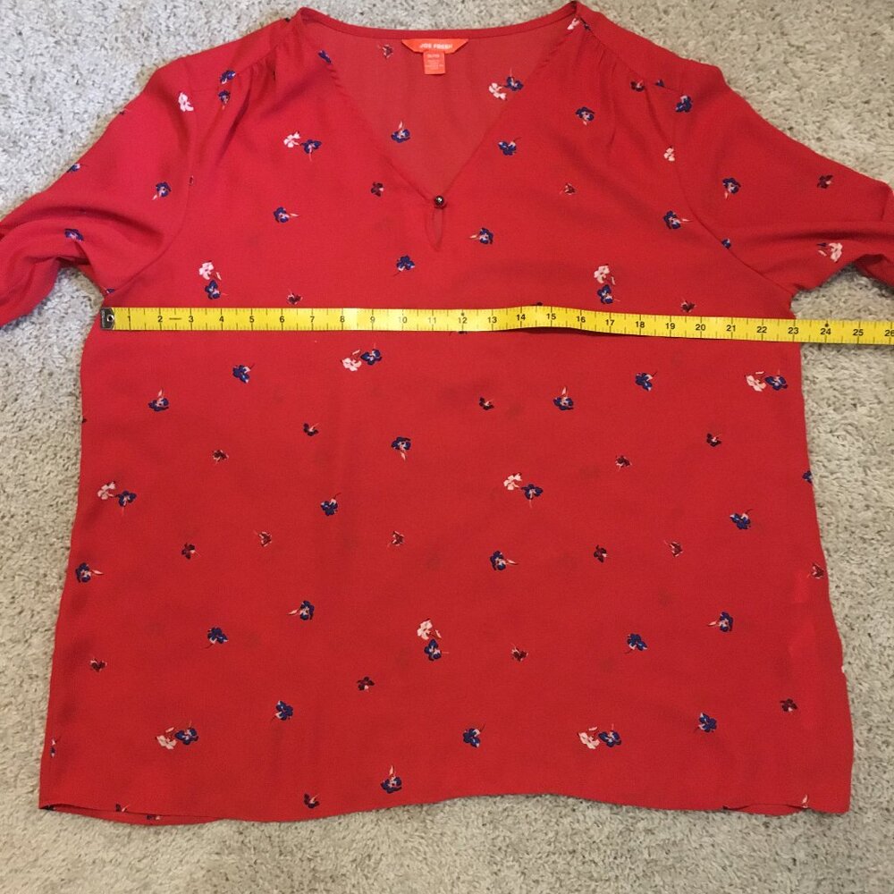 Joe Fresh Poppy Red Sheer Floral Blouse Peasant Sleeve V-Neck XL - Picture 14 of 16